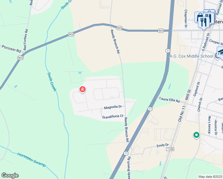 map of restaurants, bars, coffee shops, grocery stores, and more near 390 Crimson Drive in Winterville