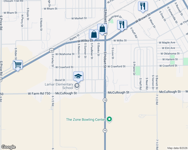 map of restaurants, bars, coffee shops, grocery stores, and more near 1101-1199 S Faulkner St in Pampa