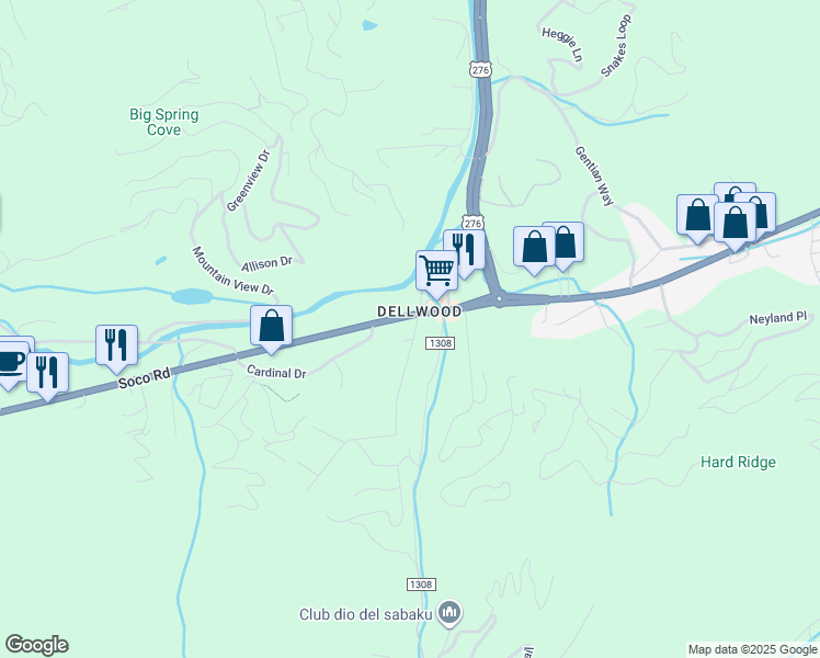 map of restaurants, bars, coffee shops, grocery stores, and more near 130 Soco Road in Maggie Valley