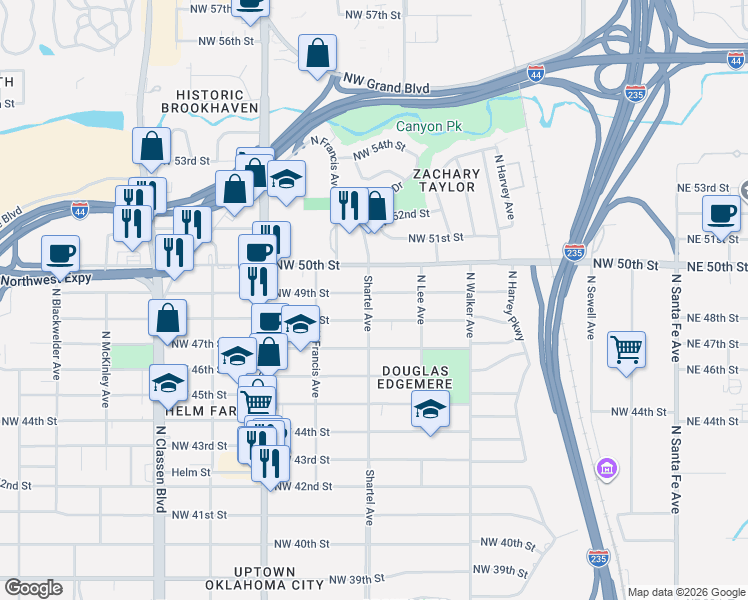 map of restaurants, bars, coffee shops, grocery stores, and more near 801 Northwest 49th Street in Oklahoma City