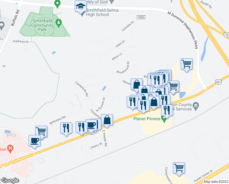 map of restaurants, bars, coffee shops, grocery stores, and more near 51 North Sussex Drive in Smithfield