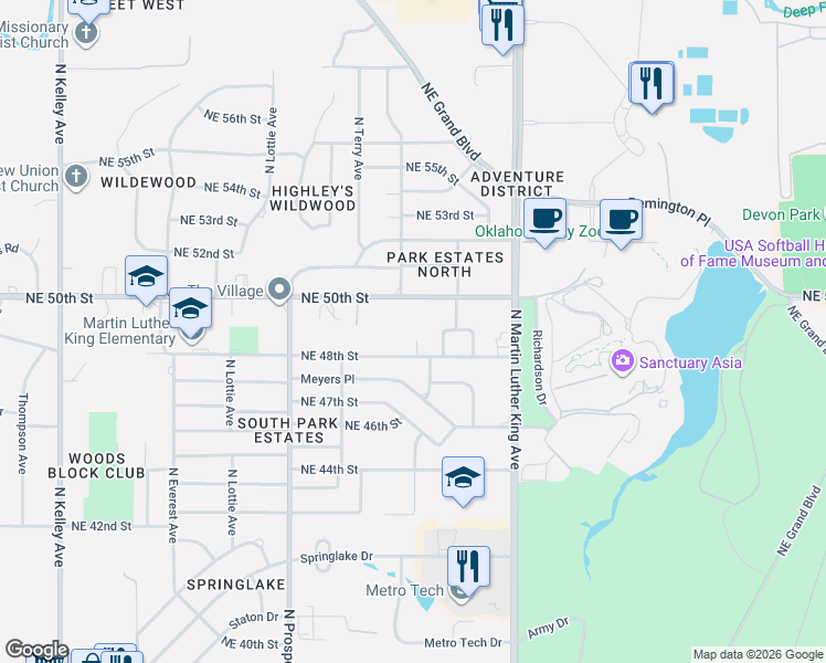map of restaurants, bars, coffee shops, grocery stores, and more near 4913 Fox Court in Oklahoma City