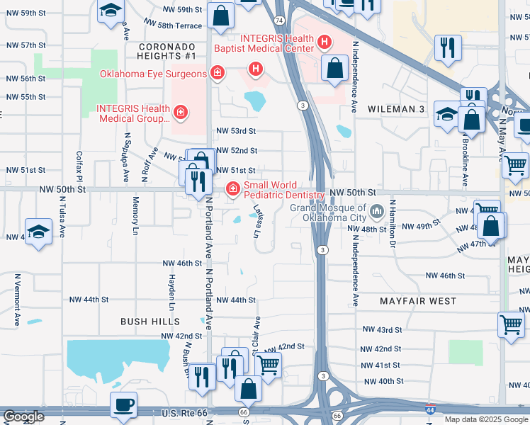 map of restaurants, bars, coffee shops, grocery stores, and more near 4908 Larissa Lane in Oklahoma City