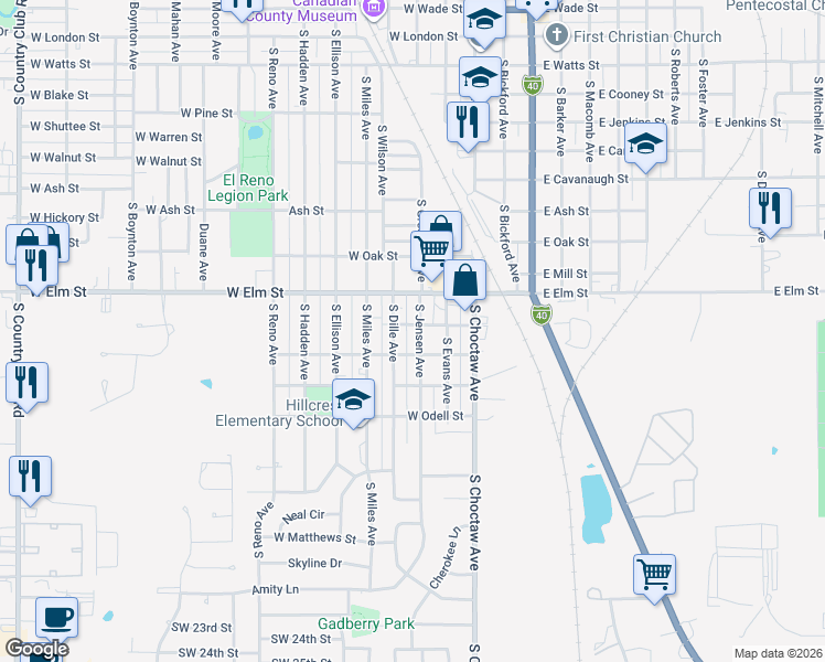 map of restaurants, bars, coffee shops, grocery stores, and more near 1320 South Jensen Avenue in El Reno