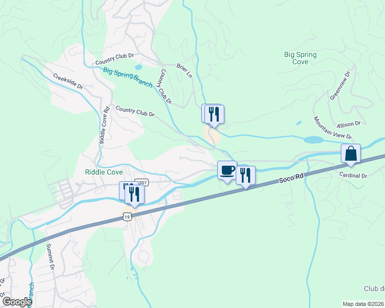 map of restaurants, bars, coffee shops, grocery stores, and more near 122 Long Drive in Maggie Valley