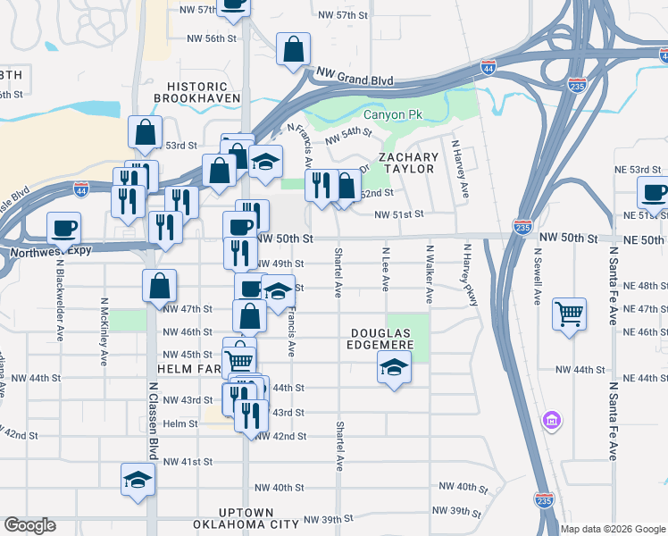 map of restaurants, bars, coffee shops, grocery stores, and more near 801 Northwest 49th Street in Oklahoma City