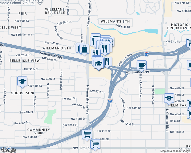 map of restaurants, bars, coffee shops, grocery stores, and more near 5000 North Pennsylvania Avenue in Oklahoma City