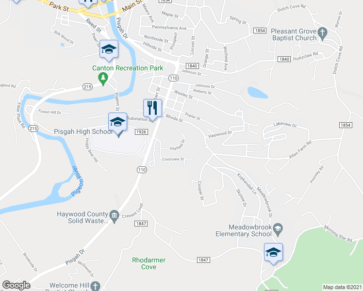 map of restaurants, bars, coffee shops, grocery stores, and more near 219 Hayfield Drive in Canton