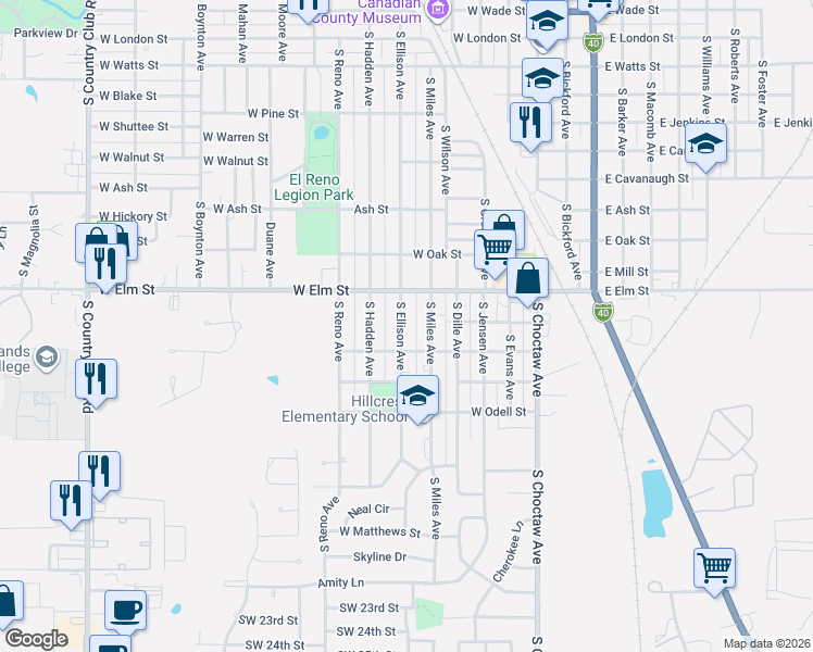 map of restaurants, bars, coffee shops, grocery stores, and more near 1026 South Ellison Avenue in El Reno