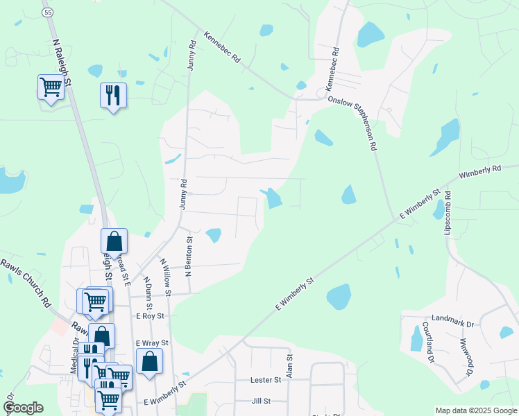 map of restaurants, bars, coffee shops, grocery stores, and more near 165 Arbor Loop in Angier