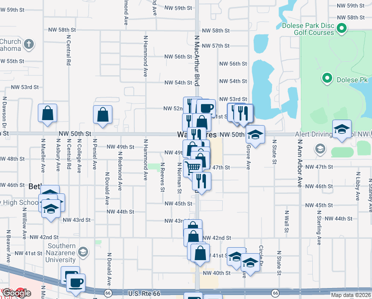 map of restaurants, bars, coffee shops, grocery stores, and more near 5901 Northwest 49th Street in Warr Acres