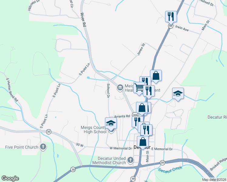 map of restaurants, bars, coffee shops, grocery stores, and more near 221-251 Elm Circle in Decatur
