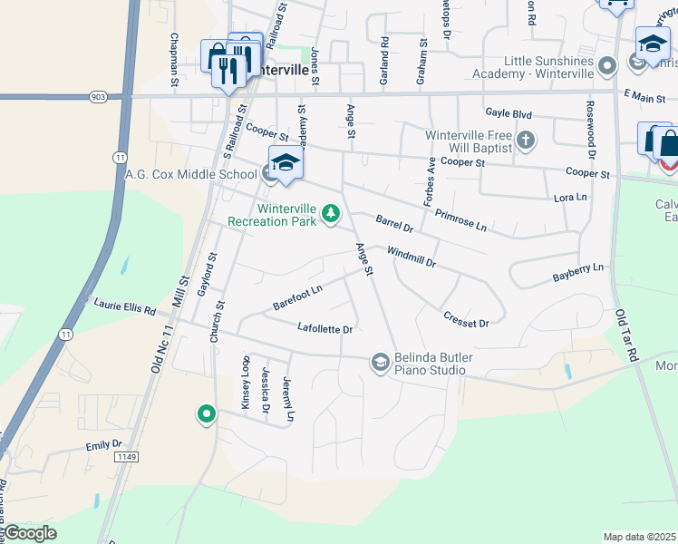 map of restaurants, bars, coffee shops, grocery stores, and more near 2700 Gregory Court in Winterville