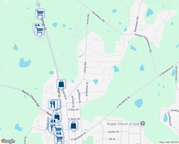 map of restaurants, bars, coffee shops, grocery stores, and more near 49 Brax Carr Way in Angier