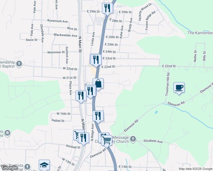 map of restaurants, bars, coffee shops, grocery stores, and more near 314 East 20th Street in Kannapolis
