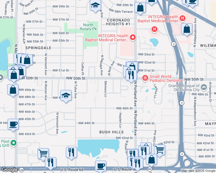 map of restaurants, bars, coffee shops, grocery stores, and more near 5005 North Quapah Place in Oklahoma City