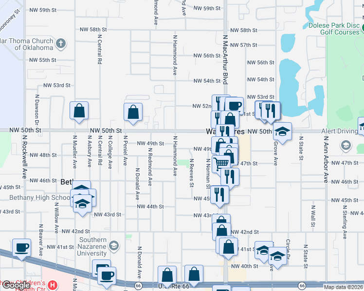 map of restaurants, bars, coffee shops, grocery stores, and more near 5941 Northwest 49th Street in Warr Acres