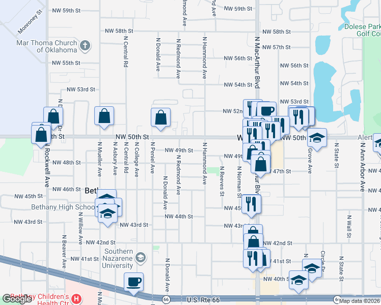 map of restaurants, bars, coffee shops, grocery stores, and more near 6019 Northwest 49th Street in Warr Acres