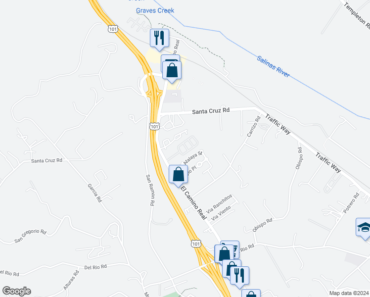 map of restaurants, bars, coffee shops, grocery stores, and more near 1215 El Camino Real in Atascadero