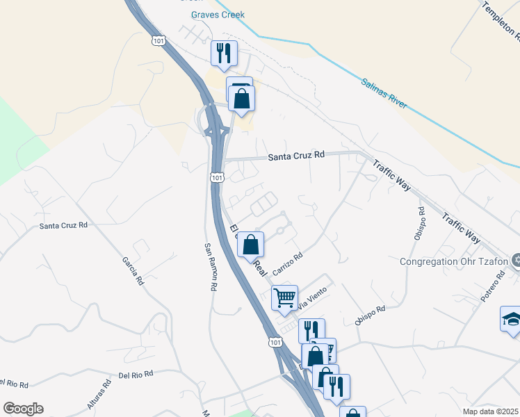map of restaurants, bars, coffee shops, grocery stores, and more near 1243 Camino del Roble in Atascadero