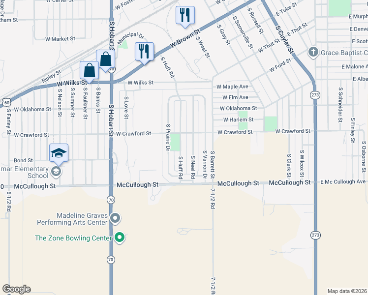 map of restaurants, bars, coffee shops, grocery stores, and more near 1100-1172 South Neel Road in Pampa