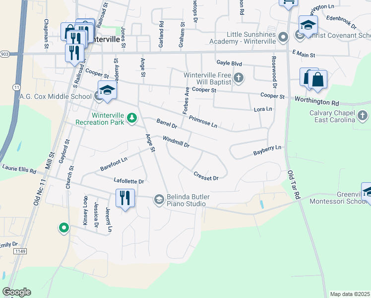 map of restaurants, bars, coffee shops, grocery stores, and more near 380 Windmill Drive in Winterville