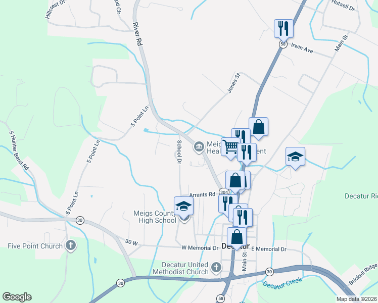 map of restaurants, bars, coffee shops, grocery stores, and more near 389 River Road in Decatur