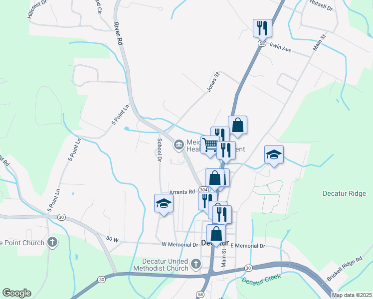 map of restaurants, bars, coffee shops, grocery stores, and more near 360-370 River Road in Decatur