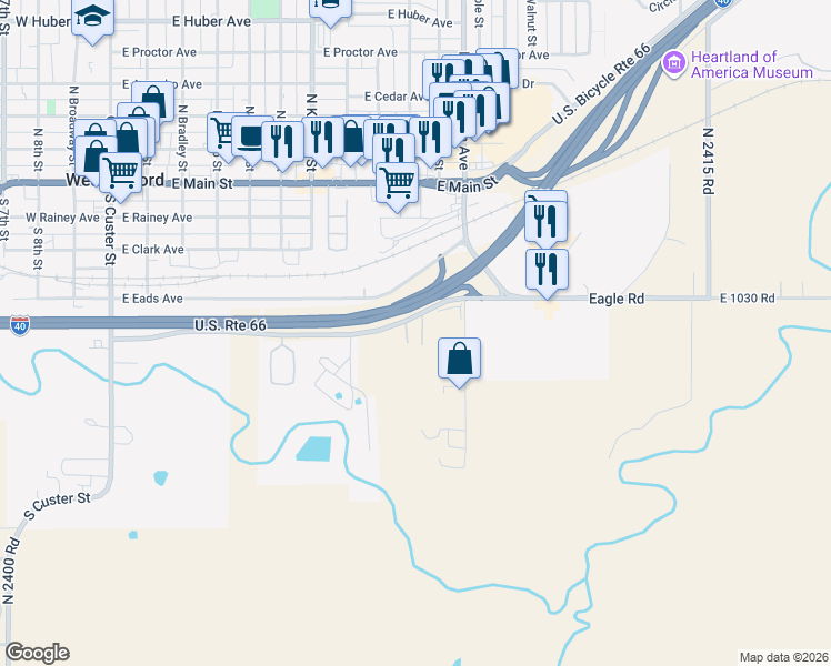 map of restaurants, bars, coffee shops, grocery stores, and more near 1026 Eagle Road in Weatherford