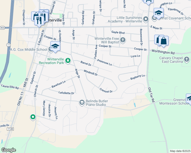 map of restaurants, bars, coffee shops, grocery stores, and more near 380 Windmill Drive in Winterville