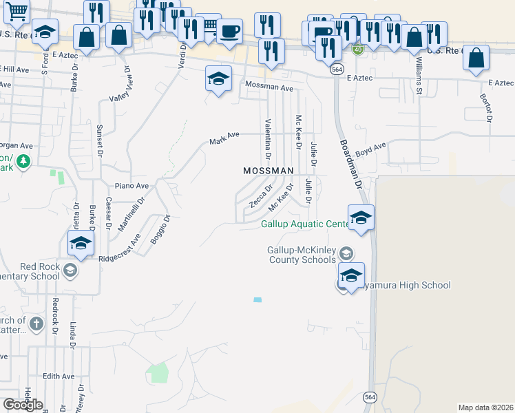 map of restaurants, bars, coffee shops, grocery stores, and more near 605 Zecca Drive in Gallup