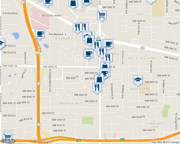 map of restaurants, bars, coffee shops, grocery stores, and more near 2927 Northwest 49th Street in Oklahoma City