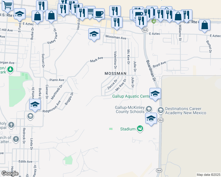 map of restaurants, bars, coffee shops, grocery stores, and more near 605 Zecca Drive in Gallup