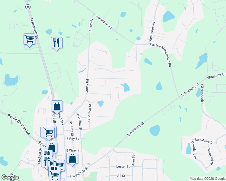 map of restaurants, bars, coffee shops, grocery stores, and more near 144 Arbor Loop in Angier