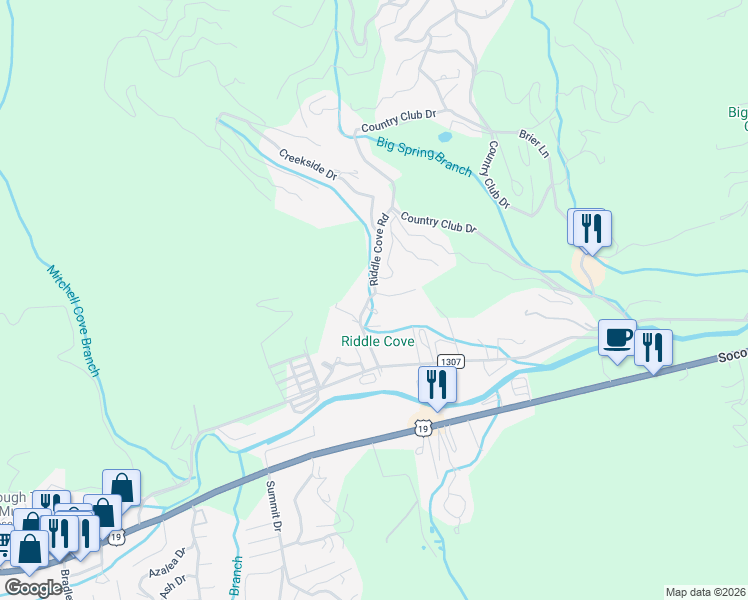map of restaurants, bars, coffee shops, grocery stores, and more near 192 Riddle Cove Road in Maggie Valley