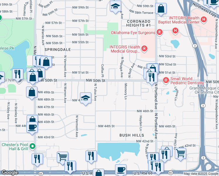 map of restaurants, bars, coffee shops, grocery stores, and more near 5000 Colfax Place in Oklahoma City