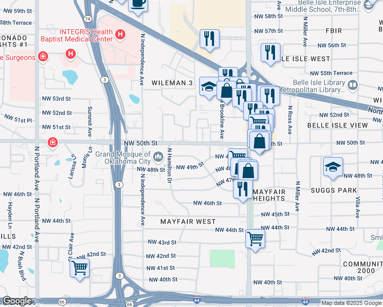 map of restaurants, bars, coffee shops, grocery stores, and more near 3125 Nimitz Boulevard in Oklahoma City