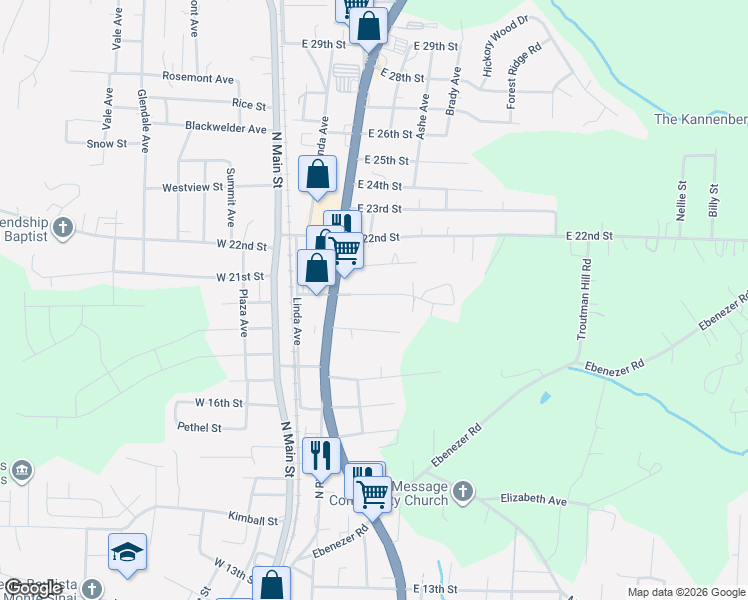 map of restaurants, bars, coffee shops, grocery stores, and more near 314 East 20th Street in Kannapolis