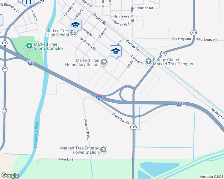 map of restaurants, bars, coffee shops, grocery stores, and more near 511 9th Street in Marked Tree