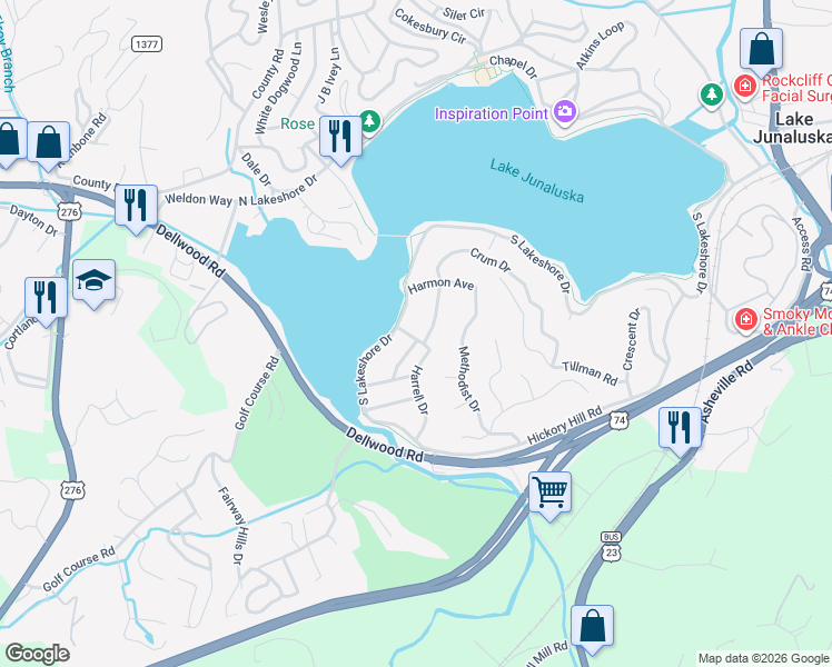 map of restaurants, bars, coffee shops, grocery stores, and more near 45 Equity Ct in Lake Junaluska