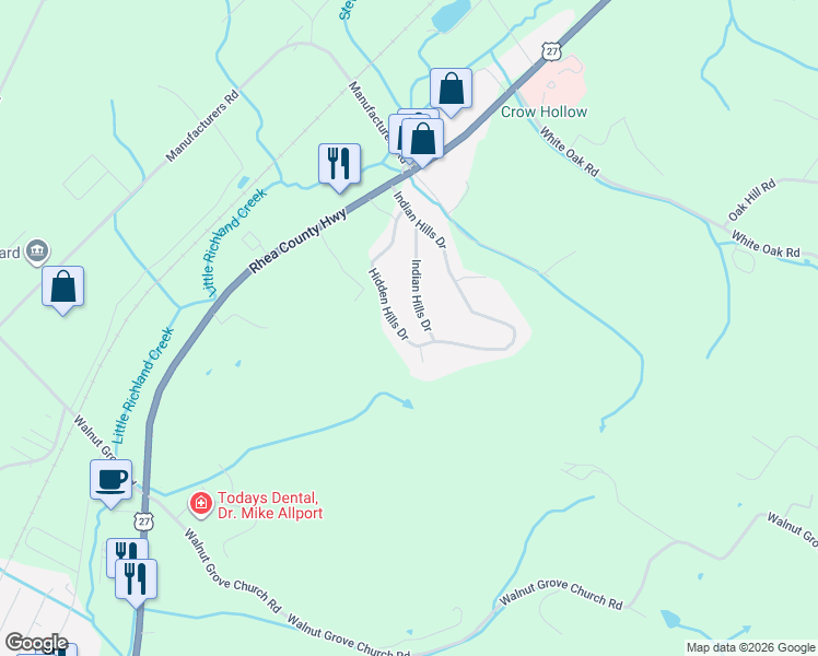 map of restaurants, bars, coffee shops, grocery stores, and more near 465 Hidden Hills Dr in Dayton