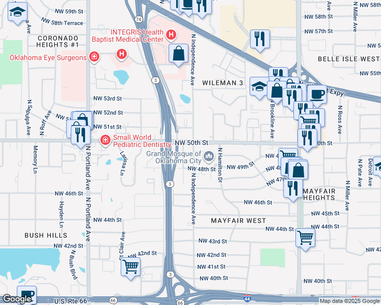 map of restaurants, bars, coffee shops, grocery stores, and more near 5005 North Independence Avenue in Oklahoma City