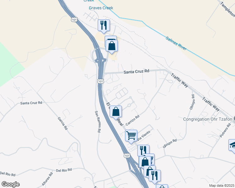 map of restaurants, bars, coffee shops, grocery stores, and more near 1243 Camino del Roble in Atascadero