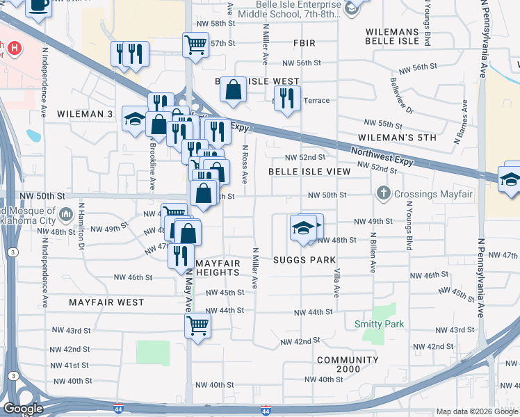 map of restaurants, bars, coffee shops, grocery stores, and more near 5012 North Miller Avenue in Oklahoma City