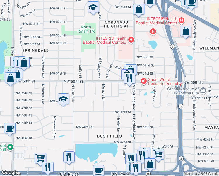 map of restaurants, bars, coffee shops, grocery stores, and more near 5005 North Quapah Place in Oklahoma City