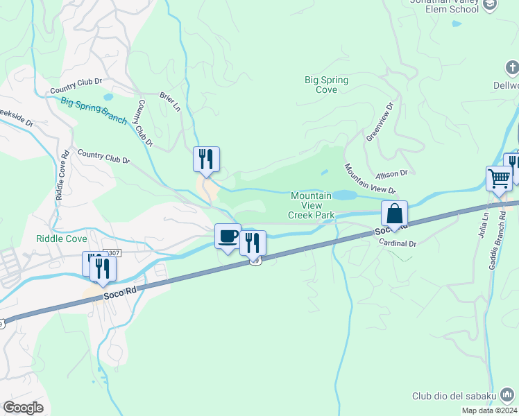 map of restaurants, bars, coffee shops, grocery stores, and more near 65 Glenview Lane in Maggie Valley