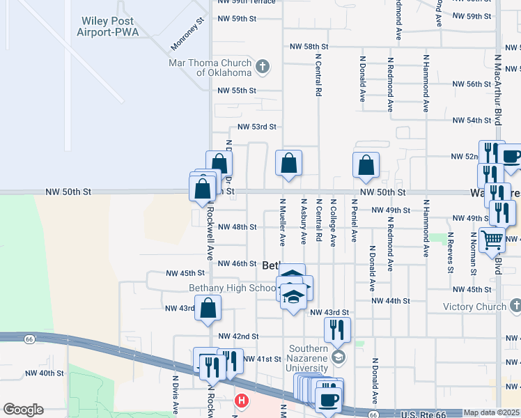 map of restaurants, bars, coffee shops, grocery stores, and more near 4913 North Willow Avenue in Bethany