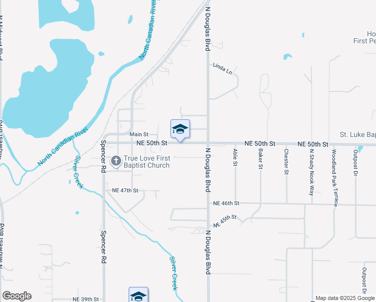 map of restaurants, bars, coffee shops, grocery stores, and more near 8900 Northeast 50th Street in Spencer