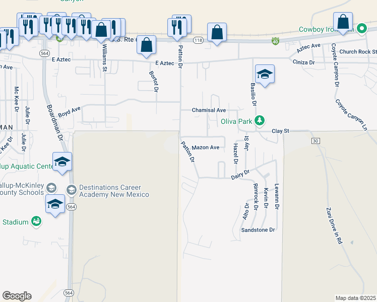 map of restaurants, bars, coffee shops, grocery stores, and more near 629 Patton Drive in Gallup