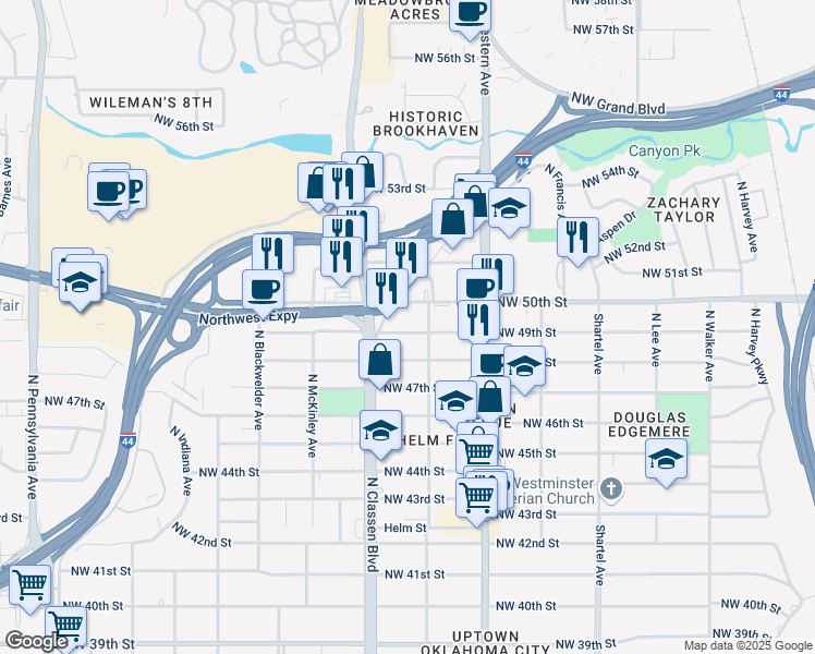 map of restaurants, bars, coffee shops, grocery stores, and more near 1217 Northwest 49th Street in Oklahoma City